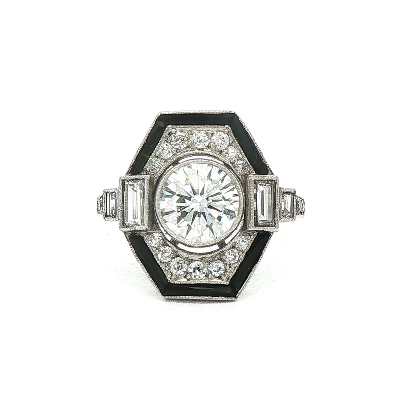 Vintage 1.10ct Natural Diamond & Onyx Platinum Target Ring