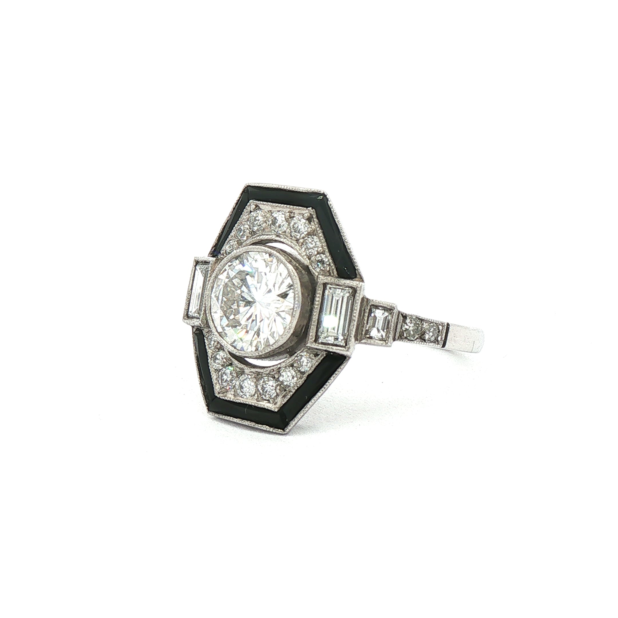 Vintage 1.10ct Natural Diamond & Onyx Platinum Target Ring