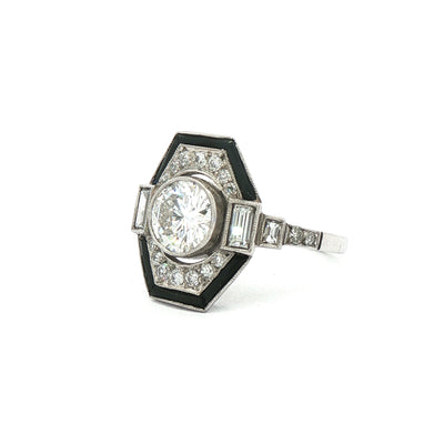 Vintage 1.10ct Natural Diamond & Onyx Platinum Target Ring