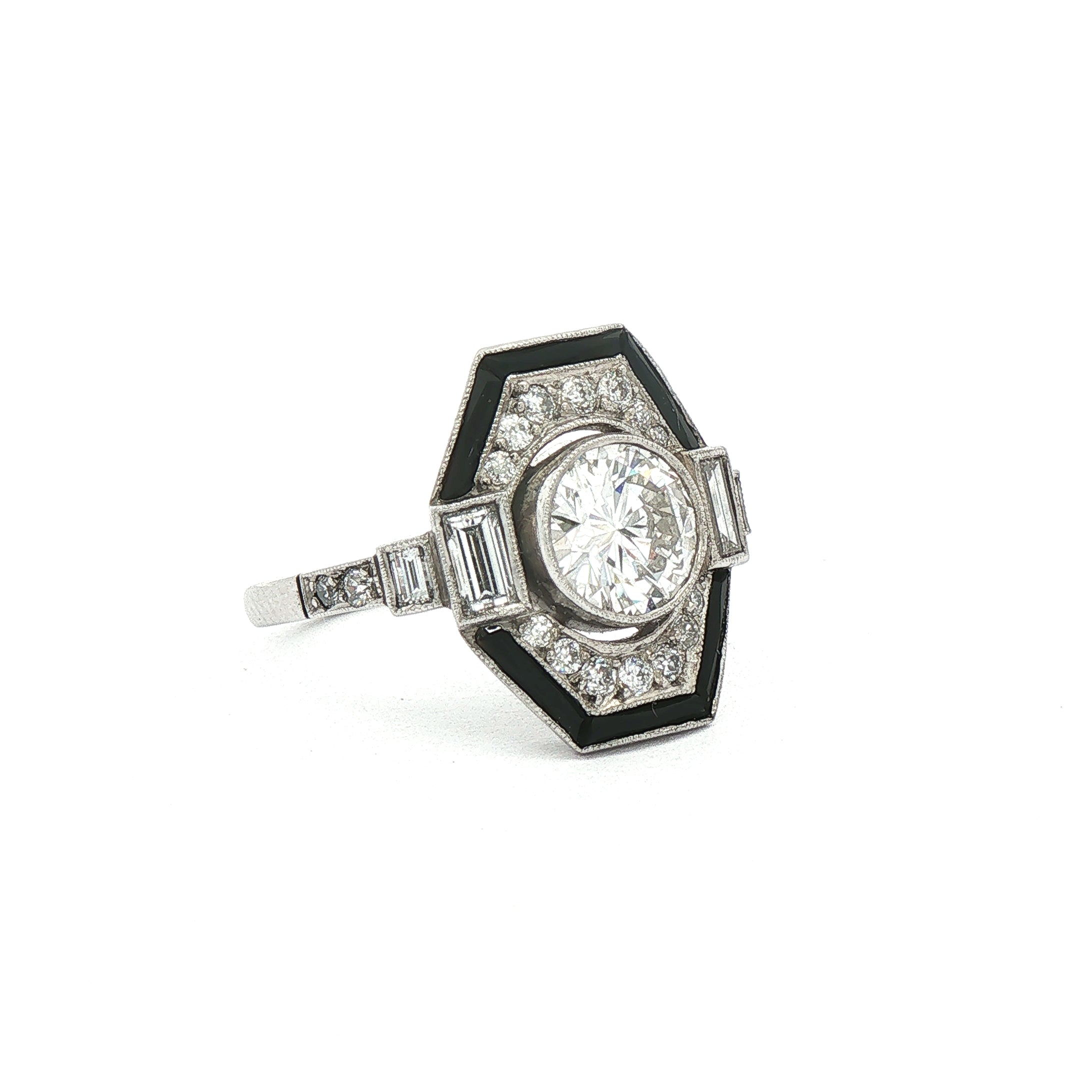 Vintage 1.10ct Natural Diamond & Onyx Platinum Target Ring