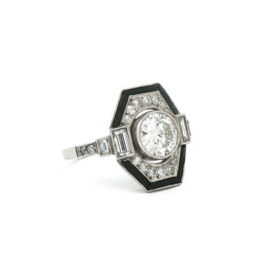 Vintage 1.10ct Natural Diamond & Onyx Platinum Target Ring