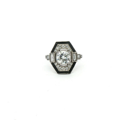 Vintage 1.10ct Natural Diamond & Onyx Platinum Target Ring