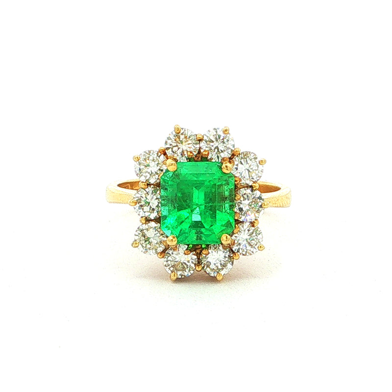 2.30ct Emerald & 1.50ct Natural Diamond Cluster Ring in 18ct Yellow Gold