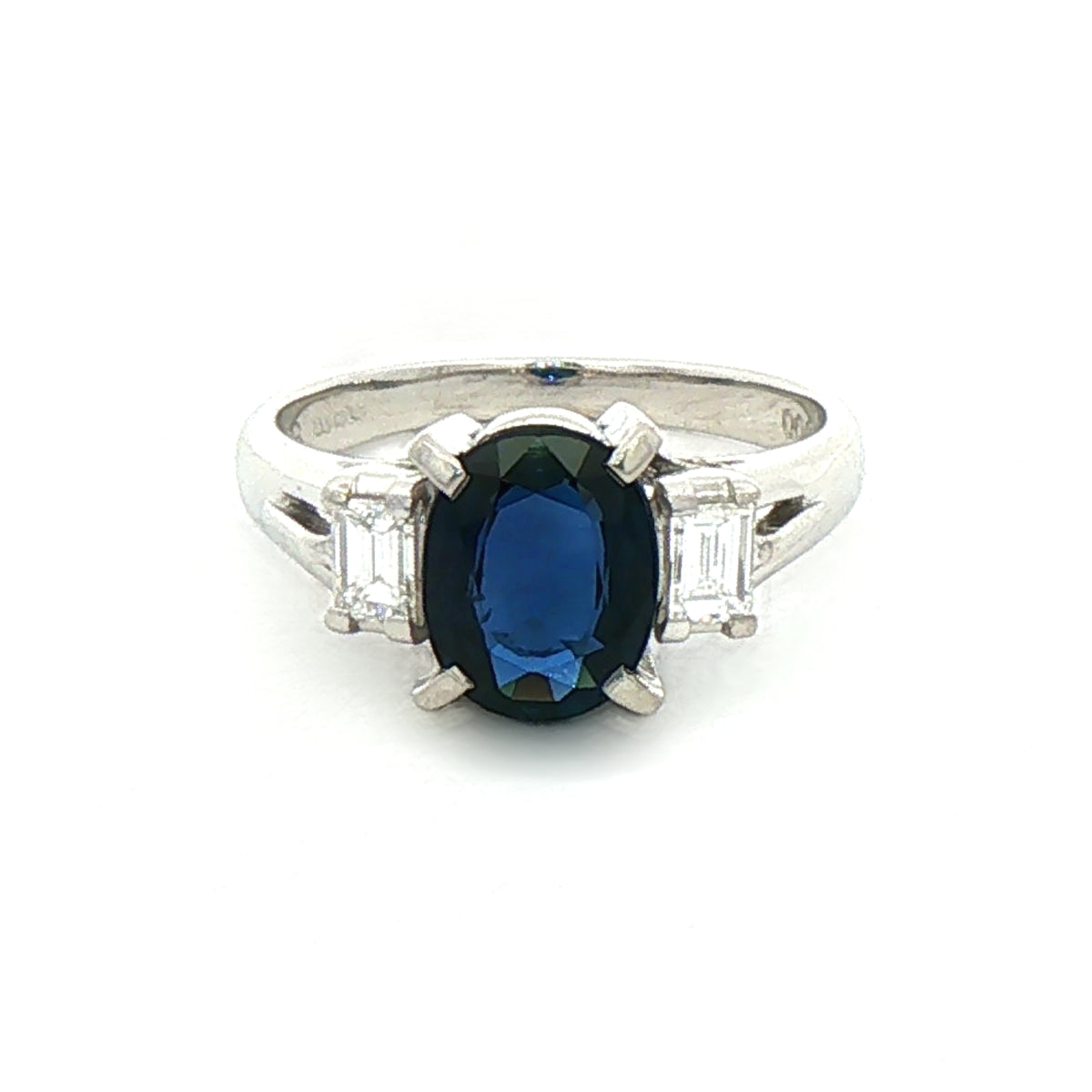 1.79ct Oval Sapphire & 0.30ct Natural Diamond Emerald Cut Sides in Platinum