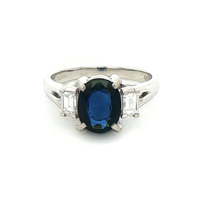 1.79ct Oval Sapphire & 0.30ct Natural Diamond Emerald Cut Sides in Platinum
