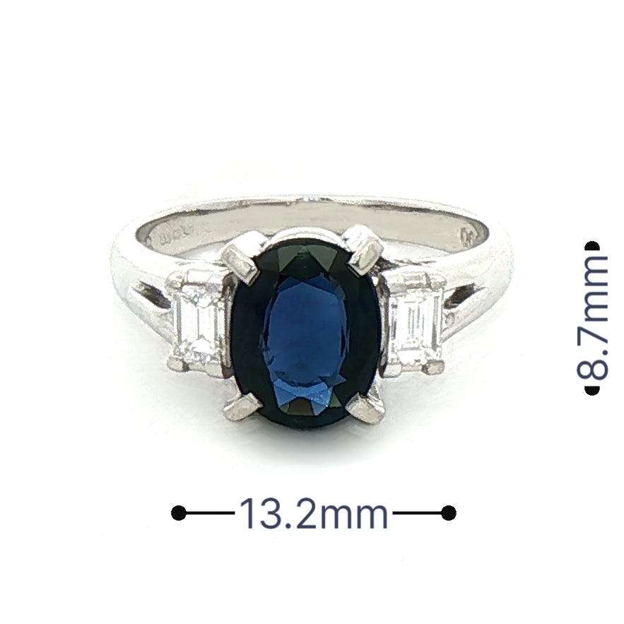 1.79ct Oval Sapphire & 0.30ct Natural Diamond Emerald Cut Sides in Platinum