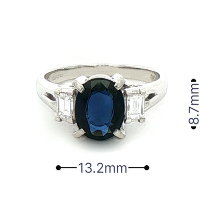 1.79ct Oval Sapphire & 0.30ct Natural Diamond Emerald Cut Sides in Platinum
