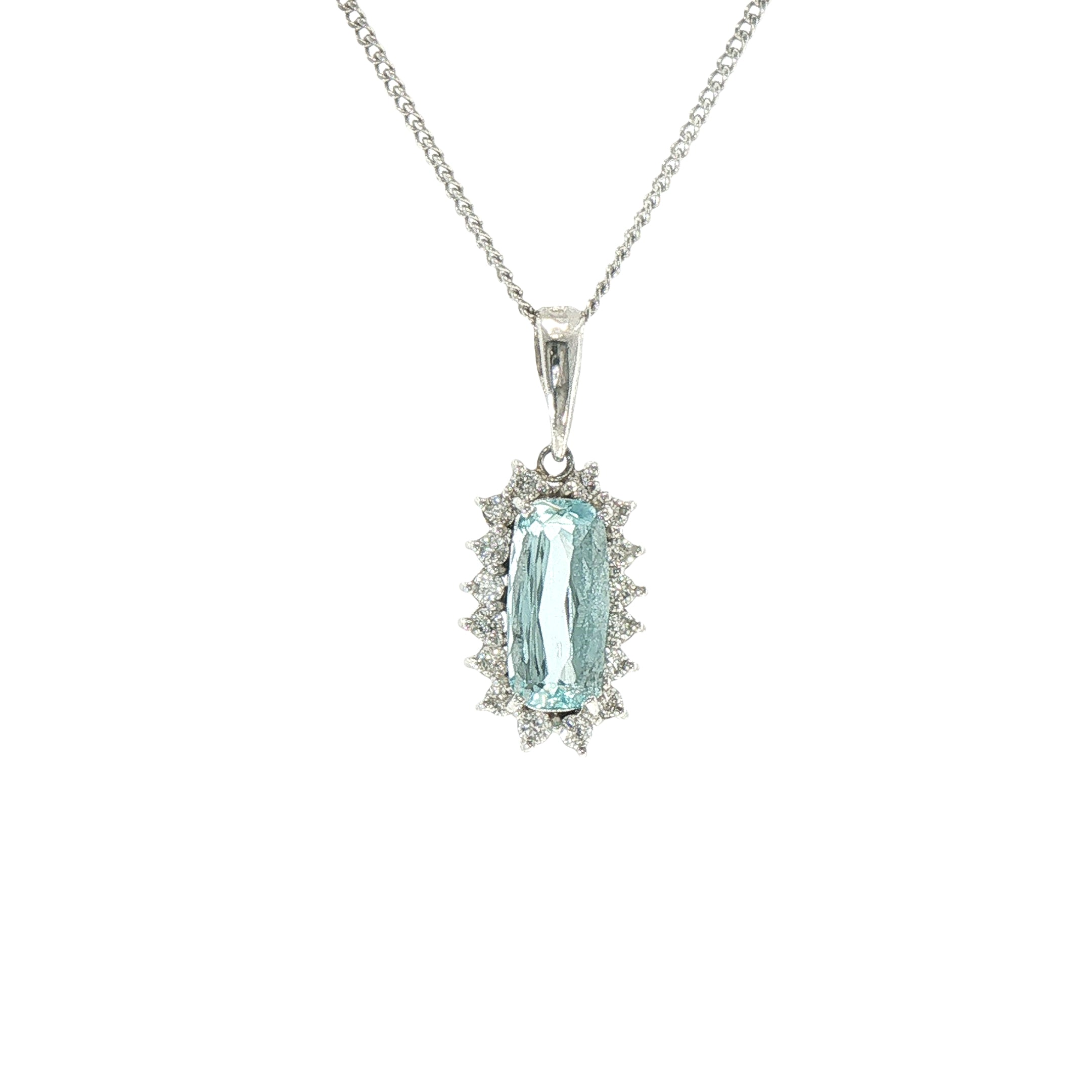 1.47ct Aqua Marine & 0.30ct Natural Diamond Halo Pendant & Chain Platinum