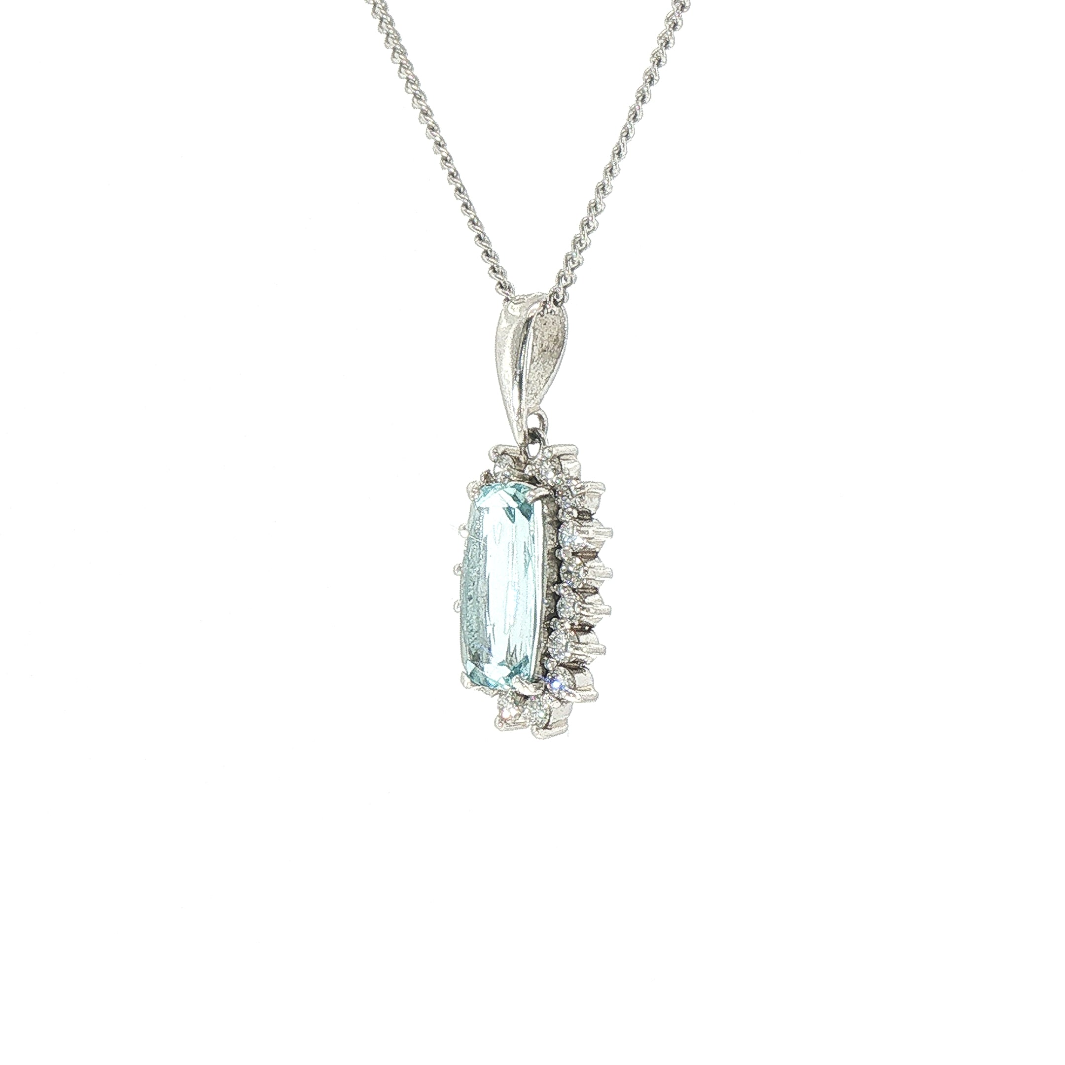 1.47ct Aqua Marine & 0.30ct Natural Diamond Halo Pendant & Chain Platinum