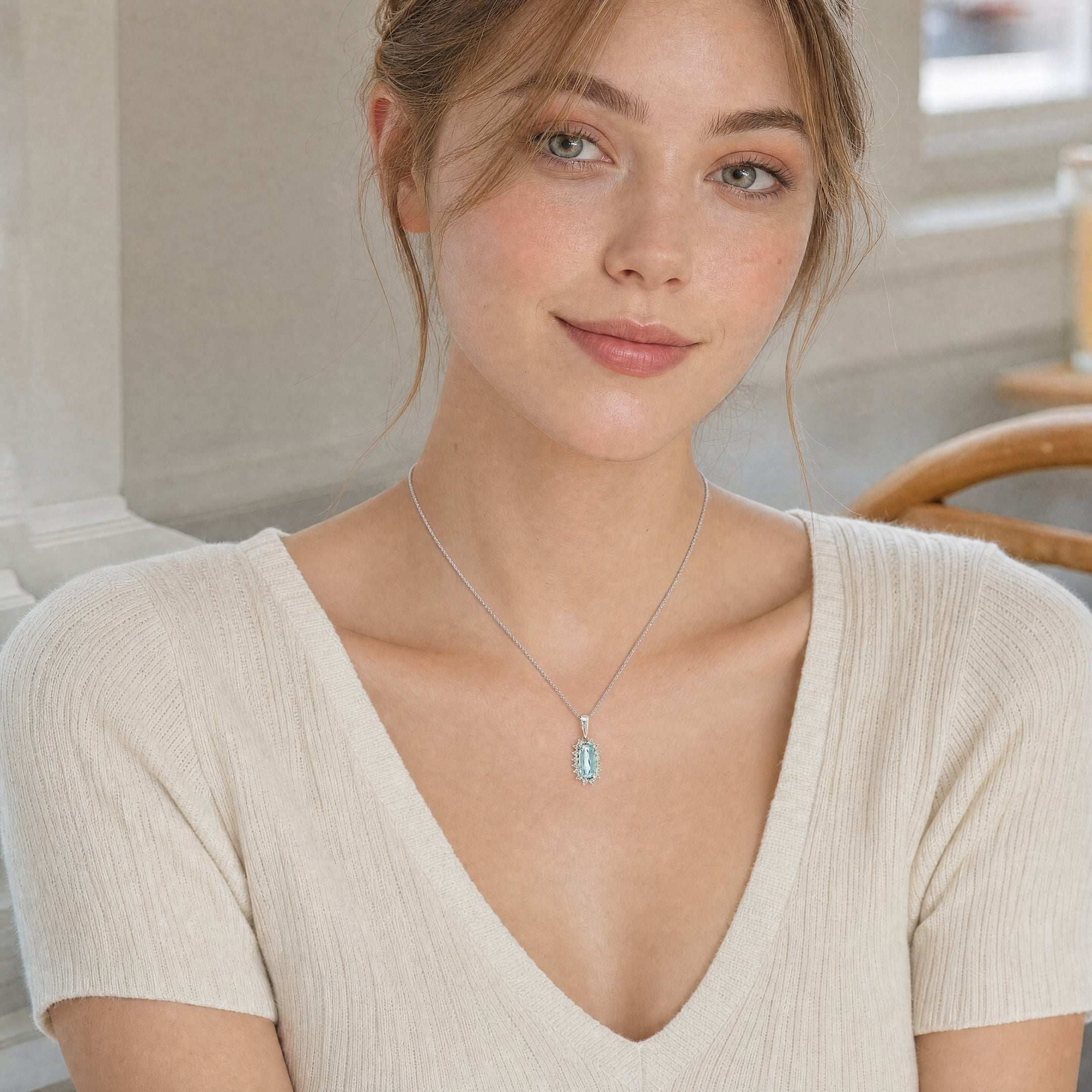 1.47ct Aqua Marine & 0.30ct Natural Diamond Halo Pendant & Chain Platinum