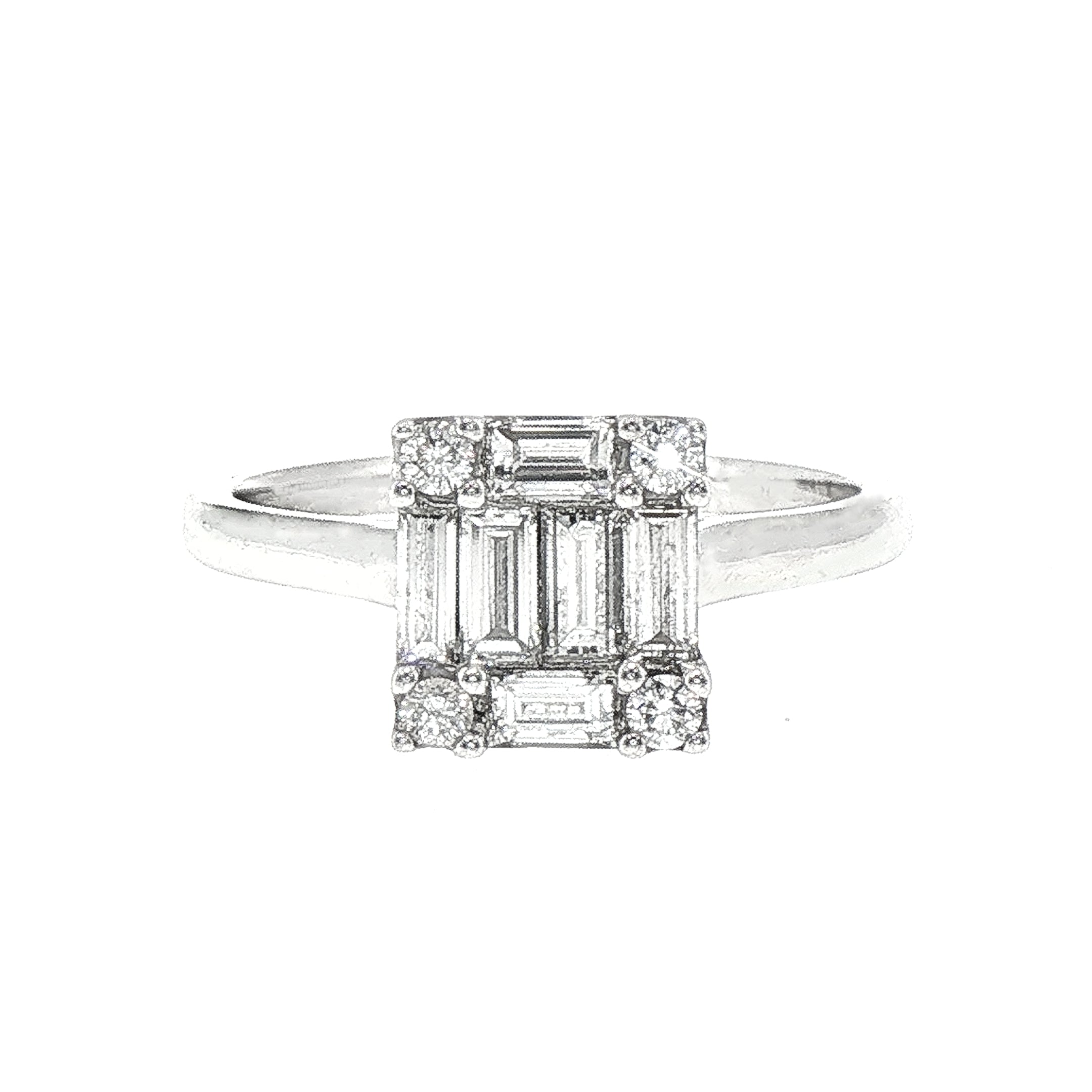 18ct White Gold Fancy Round Cluster Natural Diamond Baguette Cut Engagement Ring