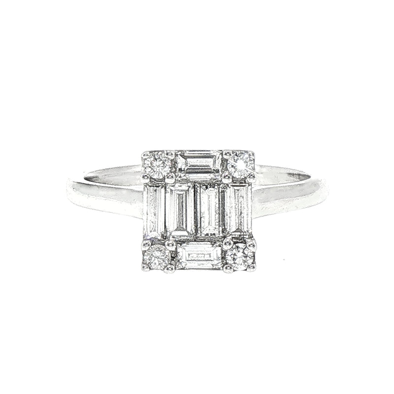 18ct White Gold Fancy Round Cluster Natural Diamond Baguette Cut Engagement Ring