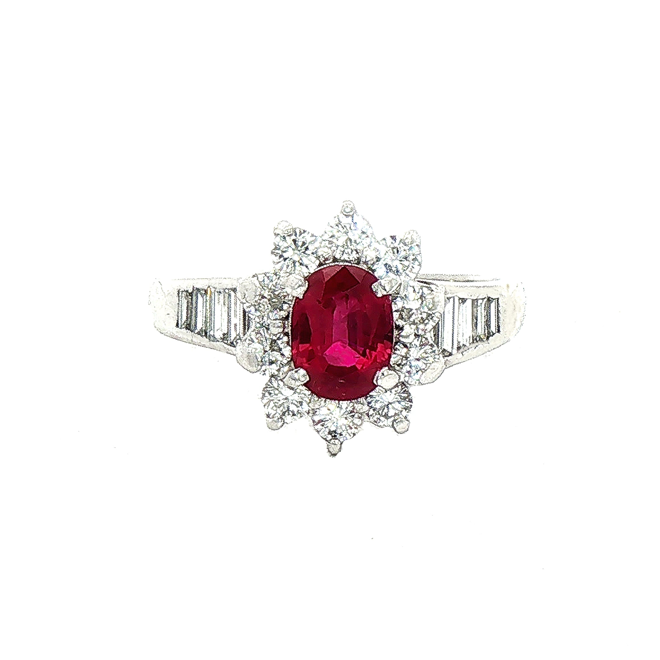 0.94ct Oval Ruby & 0.84ct Natural Diamond Cluster Halo with Baguette Shoulders in Platinum