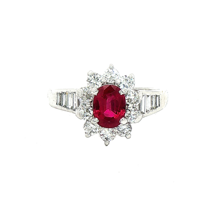 0.94ct Oval Ruby & 0.84ct Natural Diamond Cluster Halo with Baguette Shoulders in Platinum