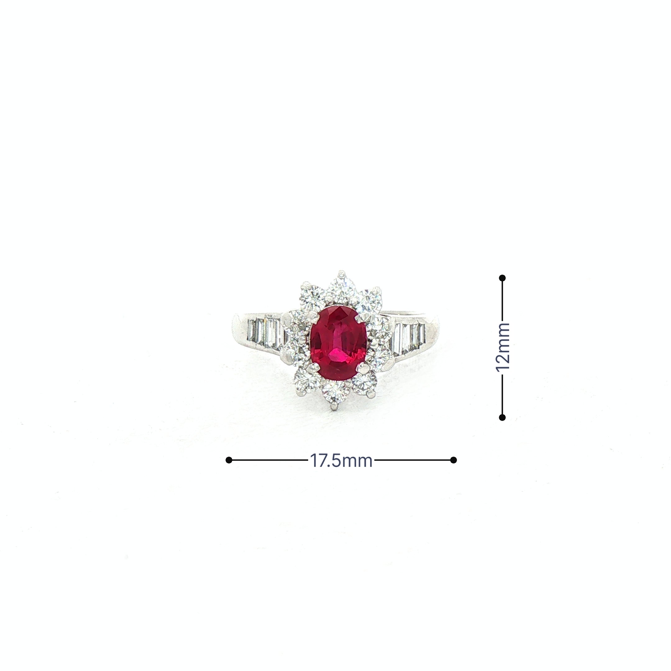 0.94ct Oval Ruby & 0.84ct Natural Diamond Cluster Halo with Baguette Shoulders in Platinum
