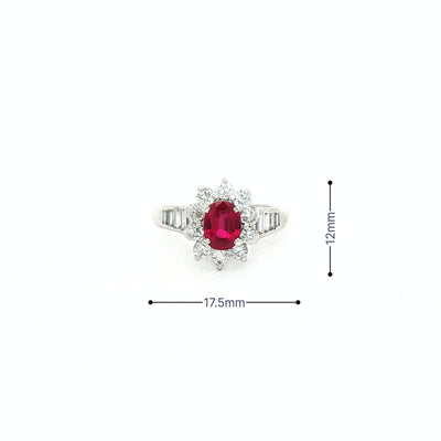 0.94ct Oval Ruby & 0.84ct Natural Diamond Cluster Halo with Baguette Shoulders in Platinum