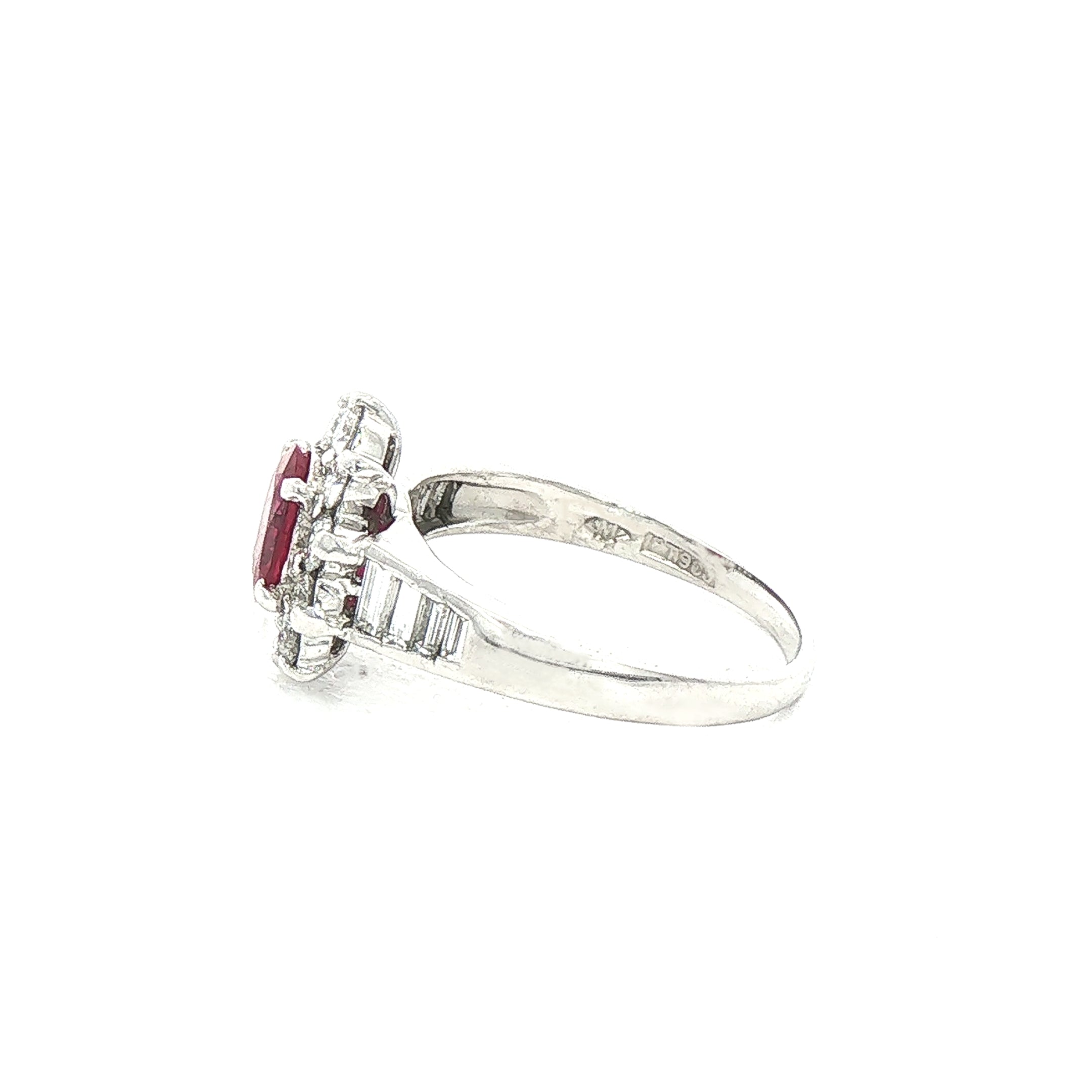 0.94ct Oval Ruby & 0.84ct Natural Diamond Cluster Halo with Baguette Shoulders in Platinum