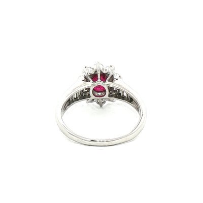0.94ct Oval Ruby & 0.84ct Natural Diamond Cluster Halo with Baguette Shoulders in Platinum