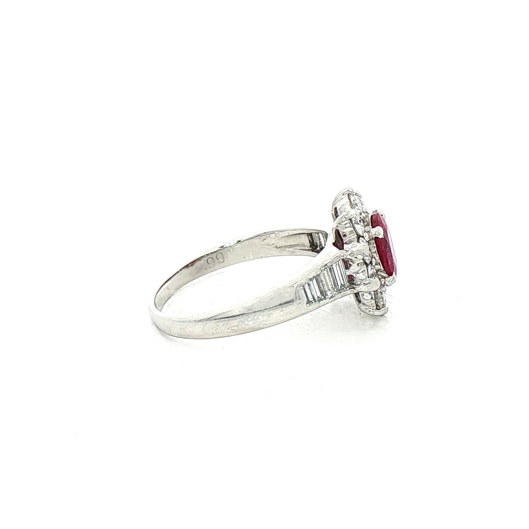 0.94ct Oval Ruby & 0.84ct Natural Diamond Cluster Halo with Baguette Shoulders in Platinum