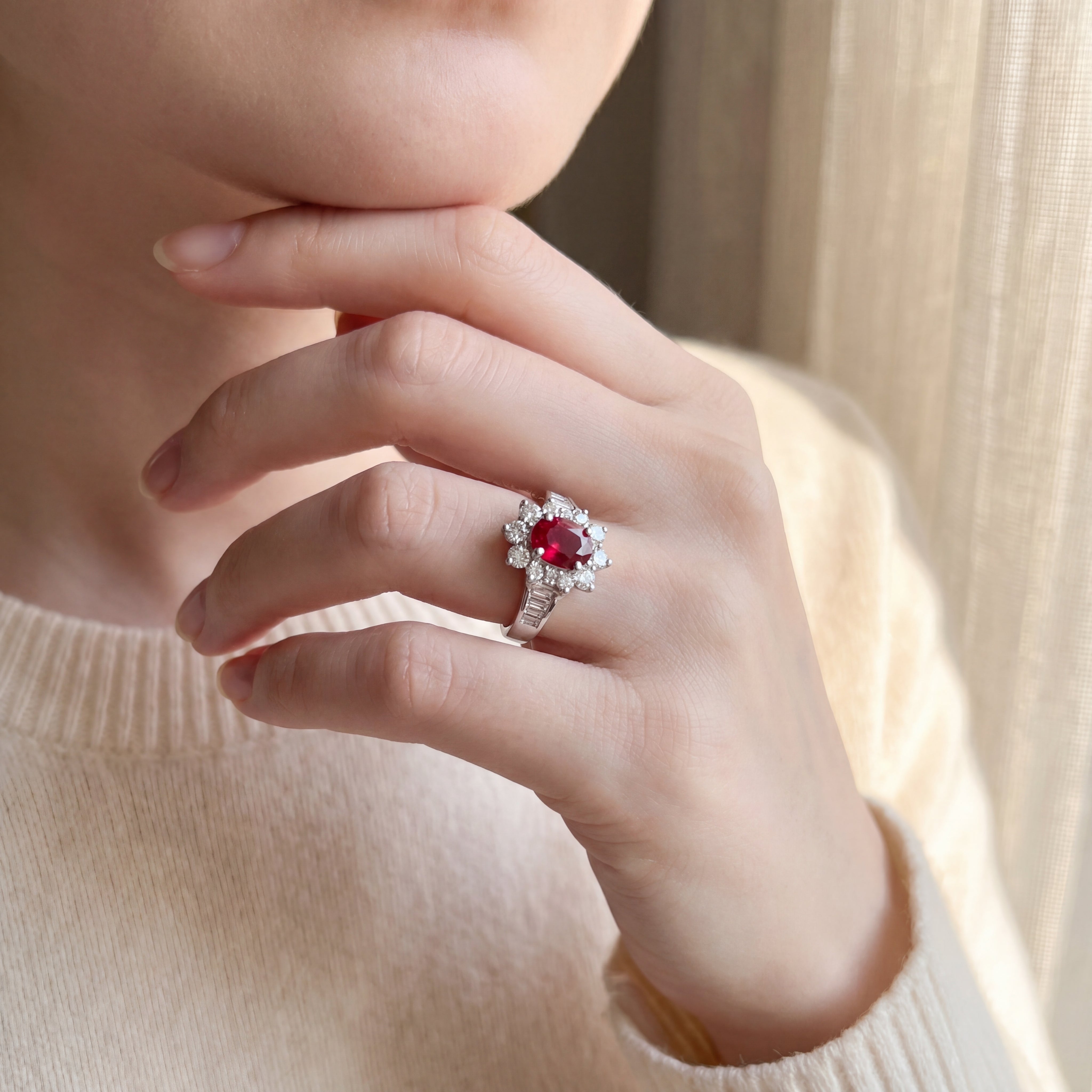 0.94ct Oval Ruby & 0.84ct Natural Diamond Cluster Halo with Baguette Shoulders in Platinum