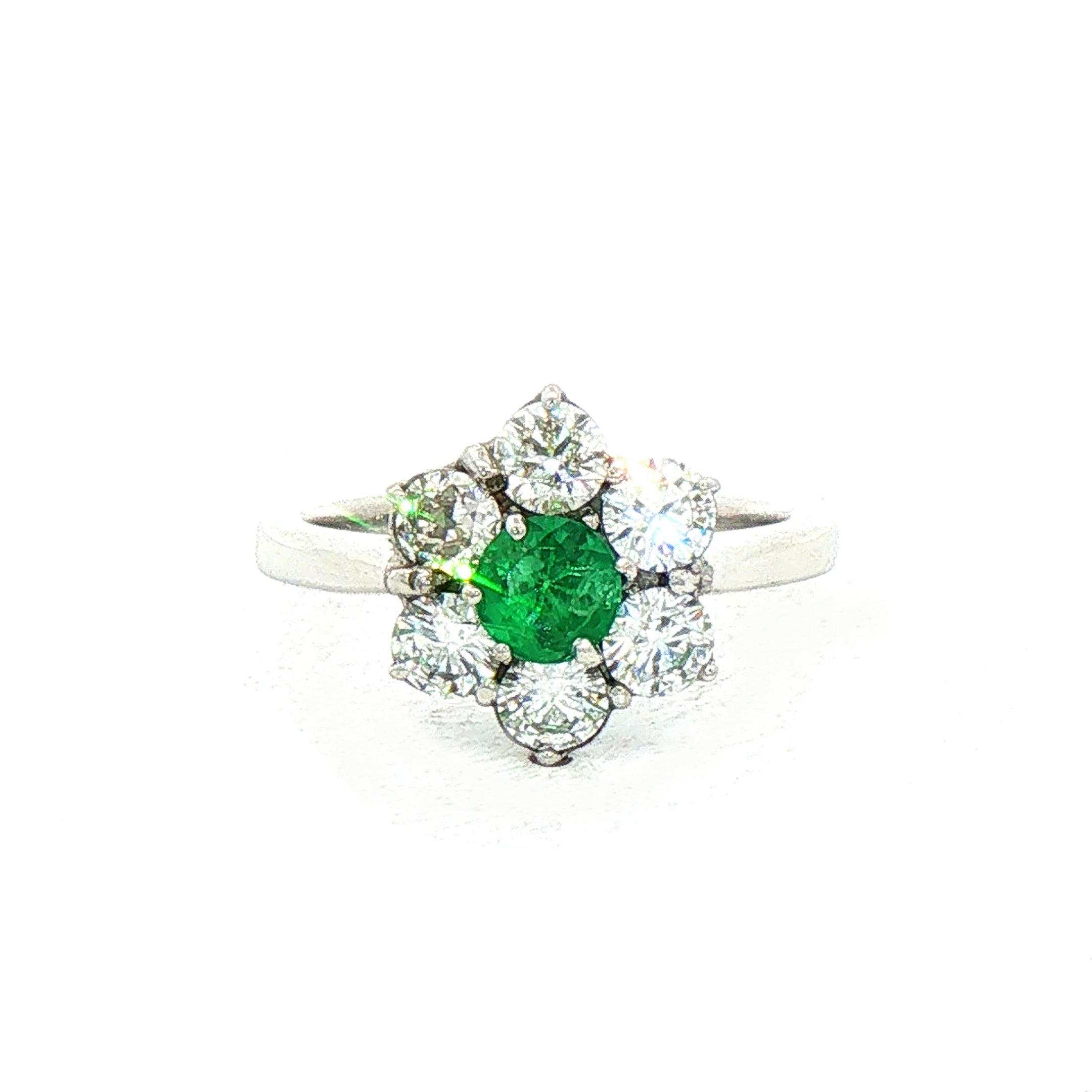 0.48ct Emerald & 1.20ct Natural Diamond Floral Cluster Ring in 18ct White Gold