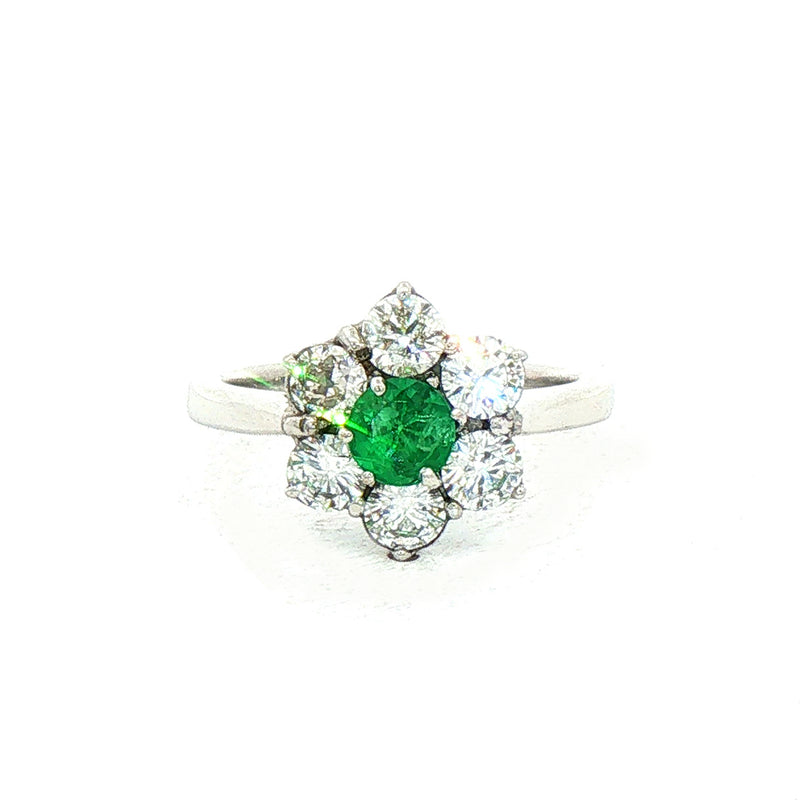 0.48ct Emerald & 1.20ct Natural Diamond Floral Cluster Ring in 18ct White Gold