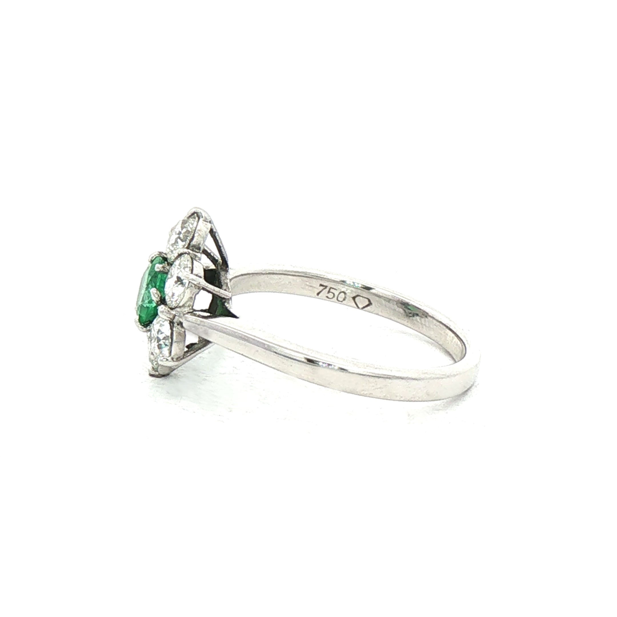 0.48ct Emerald & 1.20ct Natural Diamond Floral Cluster Ring in 18ct White Gold