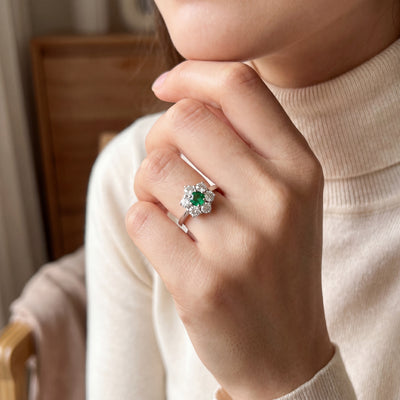 0.48ct Emerald & 1.20ct Natural Diamond Floral Cluster Ring in 18ct White Gold