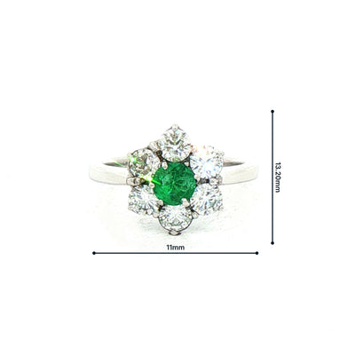 0.48ct Emerald & 1.20ct Natural Diamond Floral Cluster Ring in 18ct White Gold