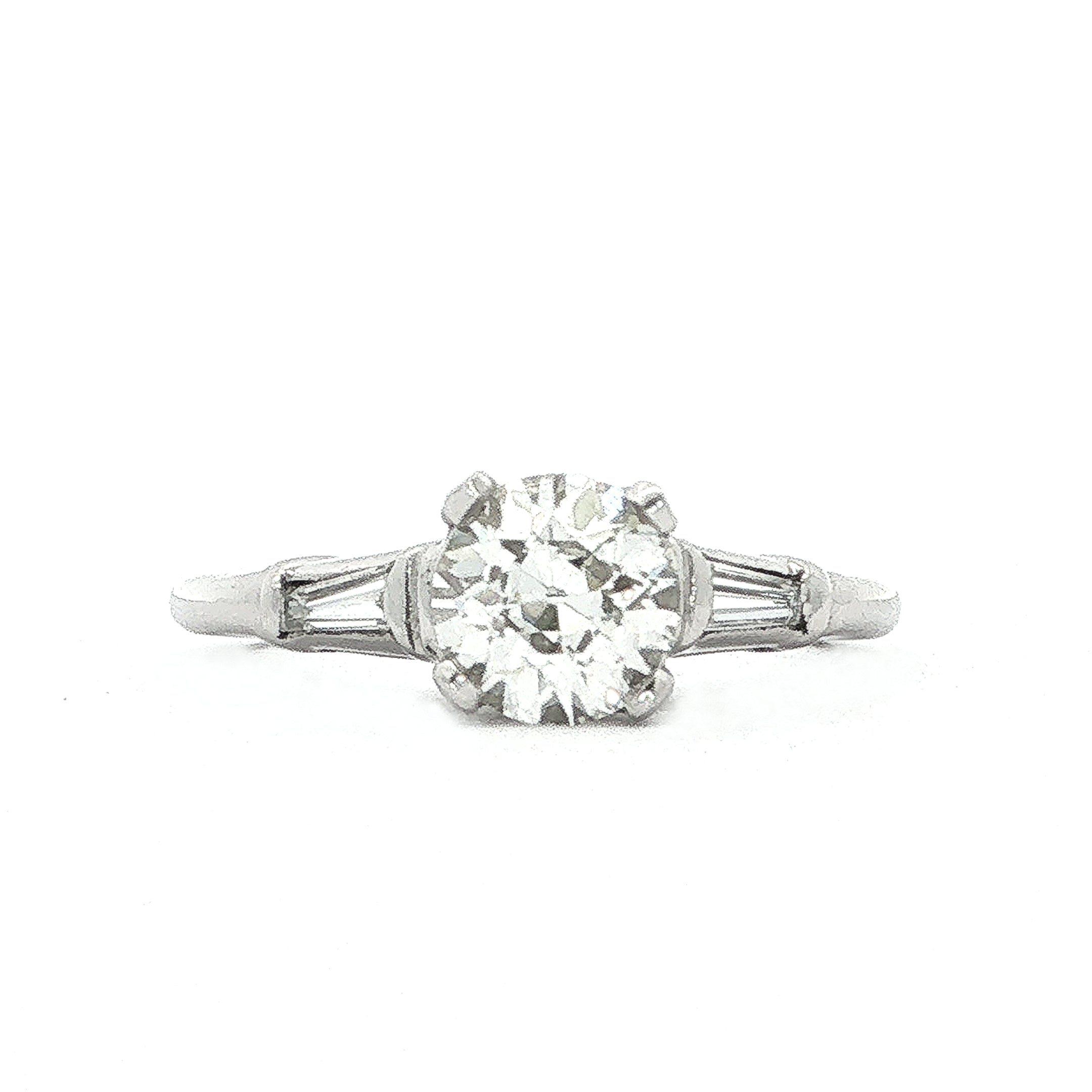 1.02ct Old Cut Diamond With Baguette Cut Side Diamonds Set In Platinum