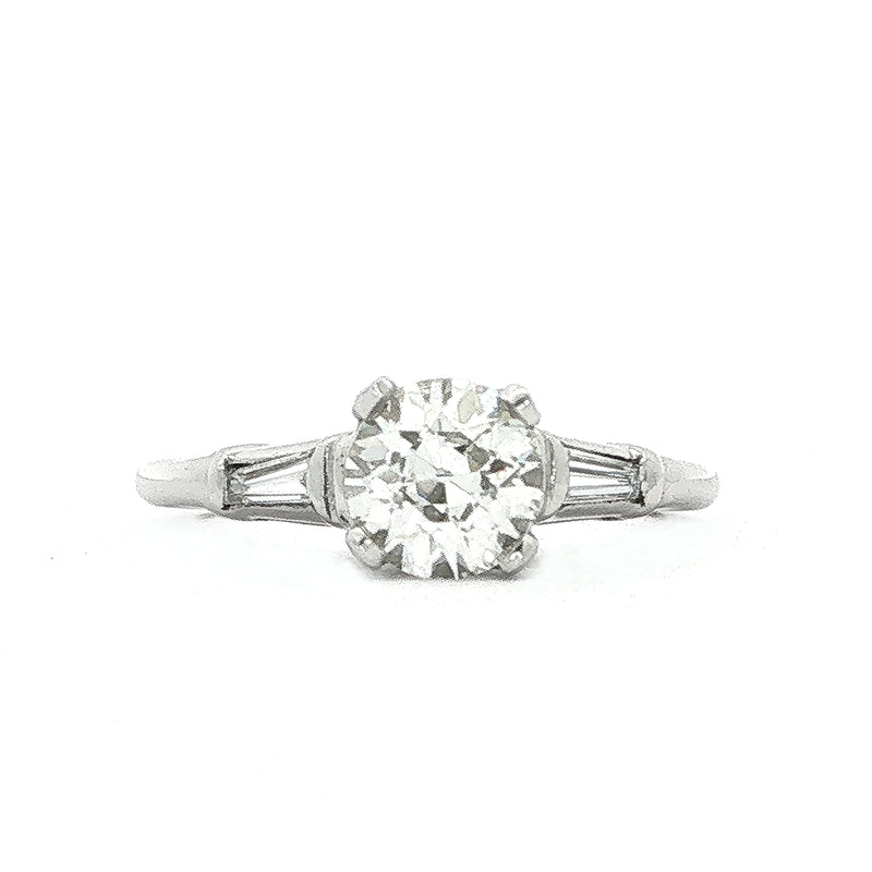 1.02ct Old Cut Diamond With Baguette Cut Side Diamonds Set In Platinum