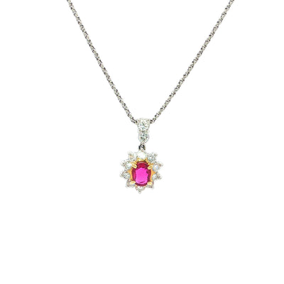Ruby and Natural Diamond Halo Pendant in 18ct White Gold