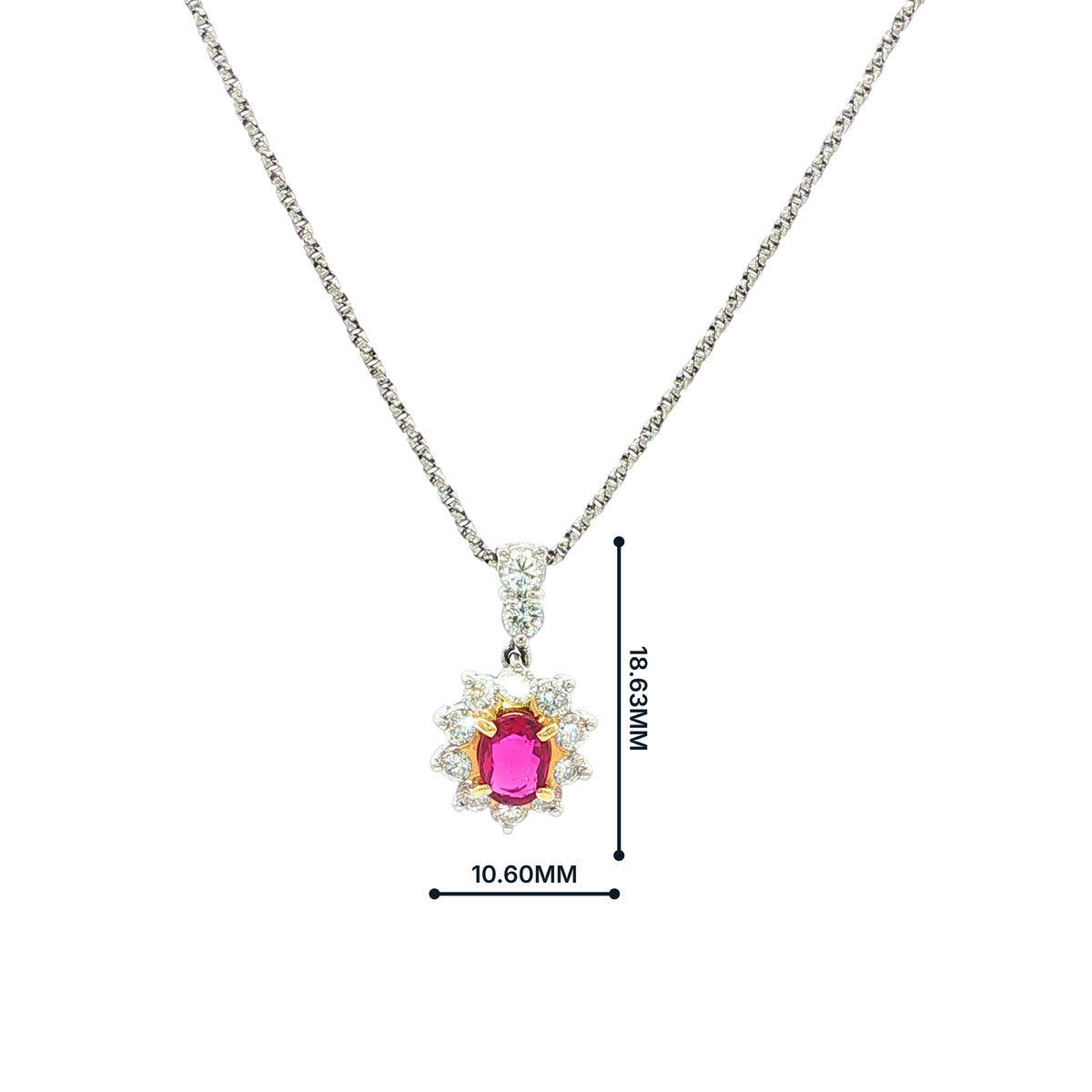 Ruby and Natural Diamond Halo Pendant in 18ct White Gold