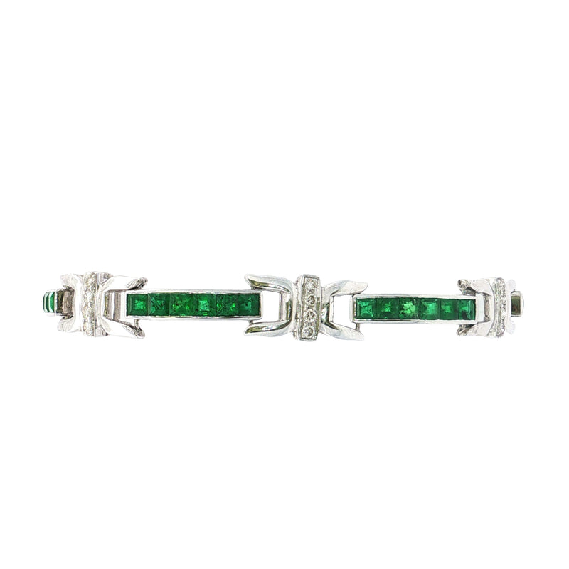 18ct White Gold Emerald and Natural Diamond Panel Bracelet