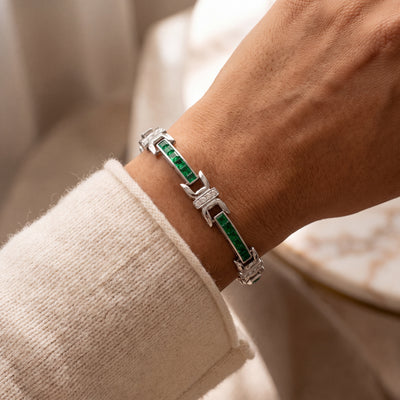 18ct White Gold Emerald and Natural Diamond Panel Bracelet