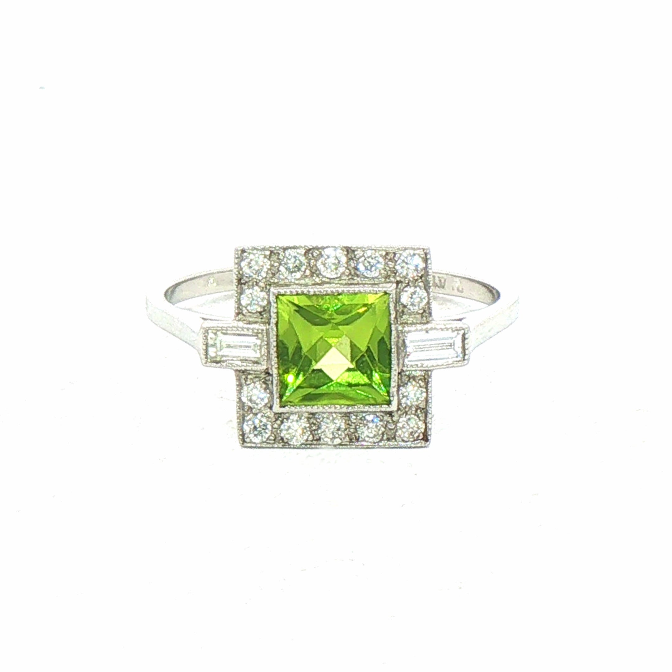 0.70ct Square Peridot & 0.30ct Natural Diamond Cluster Ring In Platinum