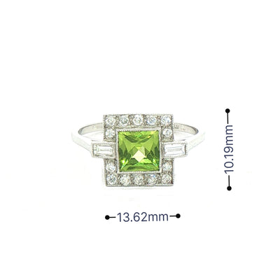 0.70ct Square Peridot & 0.30ct Natural Diamond Cluster Ring In Platinum