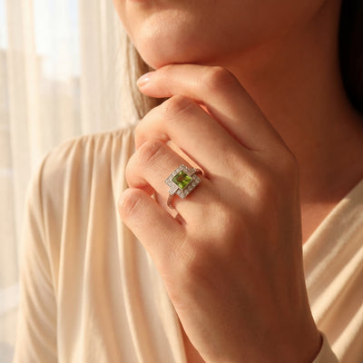 0.70ct Square Peridot & 0.30ct Natural Diamond Cluster Ring In Platinum