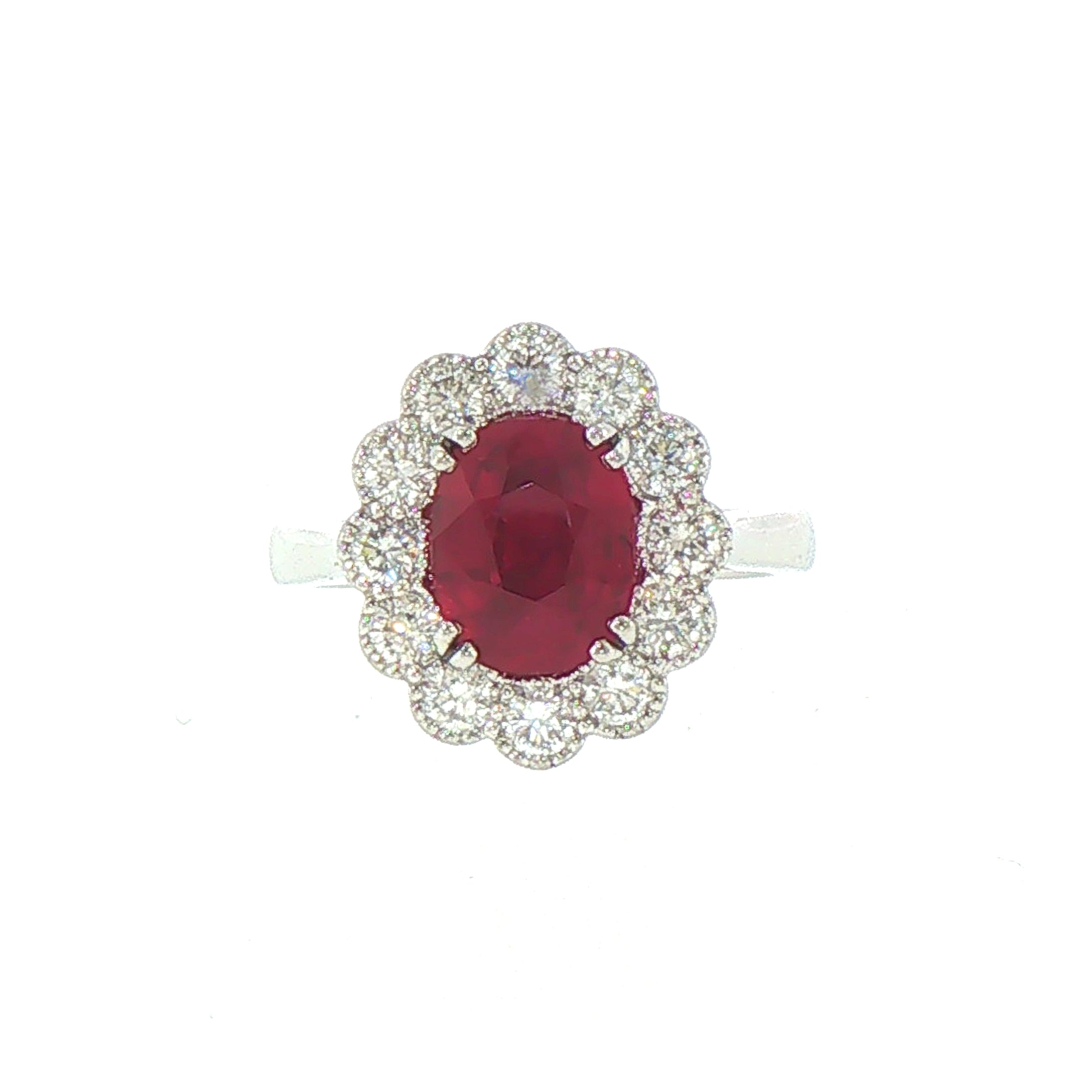 Oval Ruby & Natural Diamond Cluster Ring set In Platinum