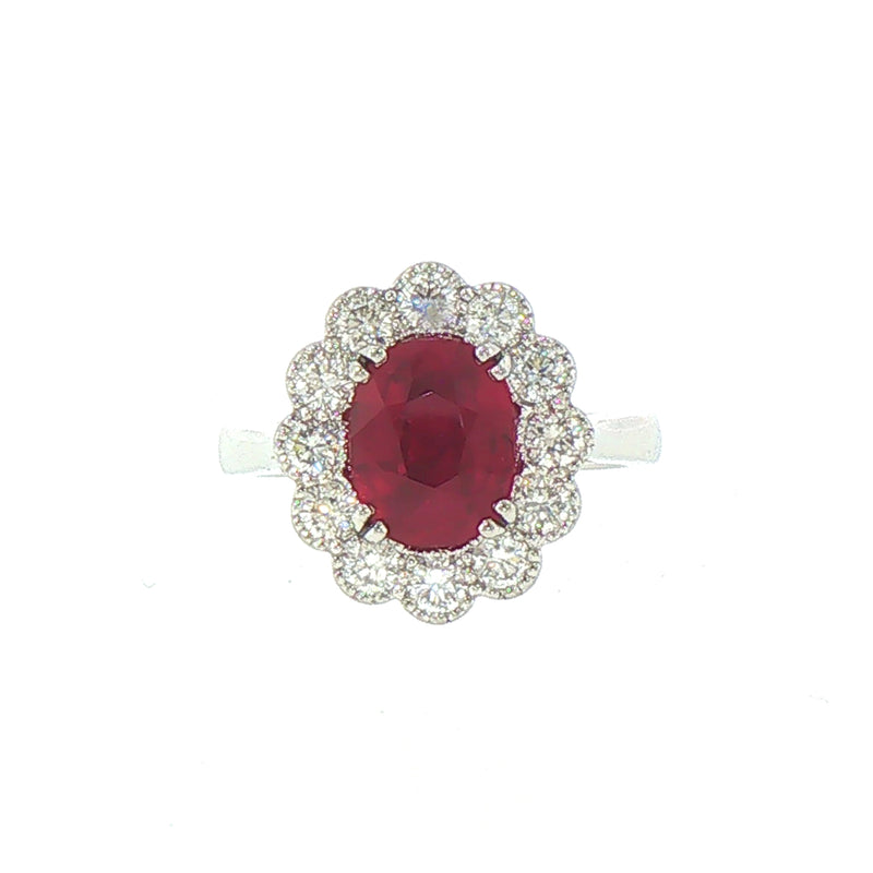 Oval Ruby & Natural Diamond Cluster Ring set In Platinum