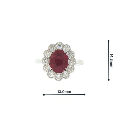 Oval Ruby & Natural Diamond Cluster Ring set In Platinum