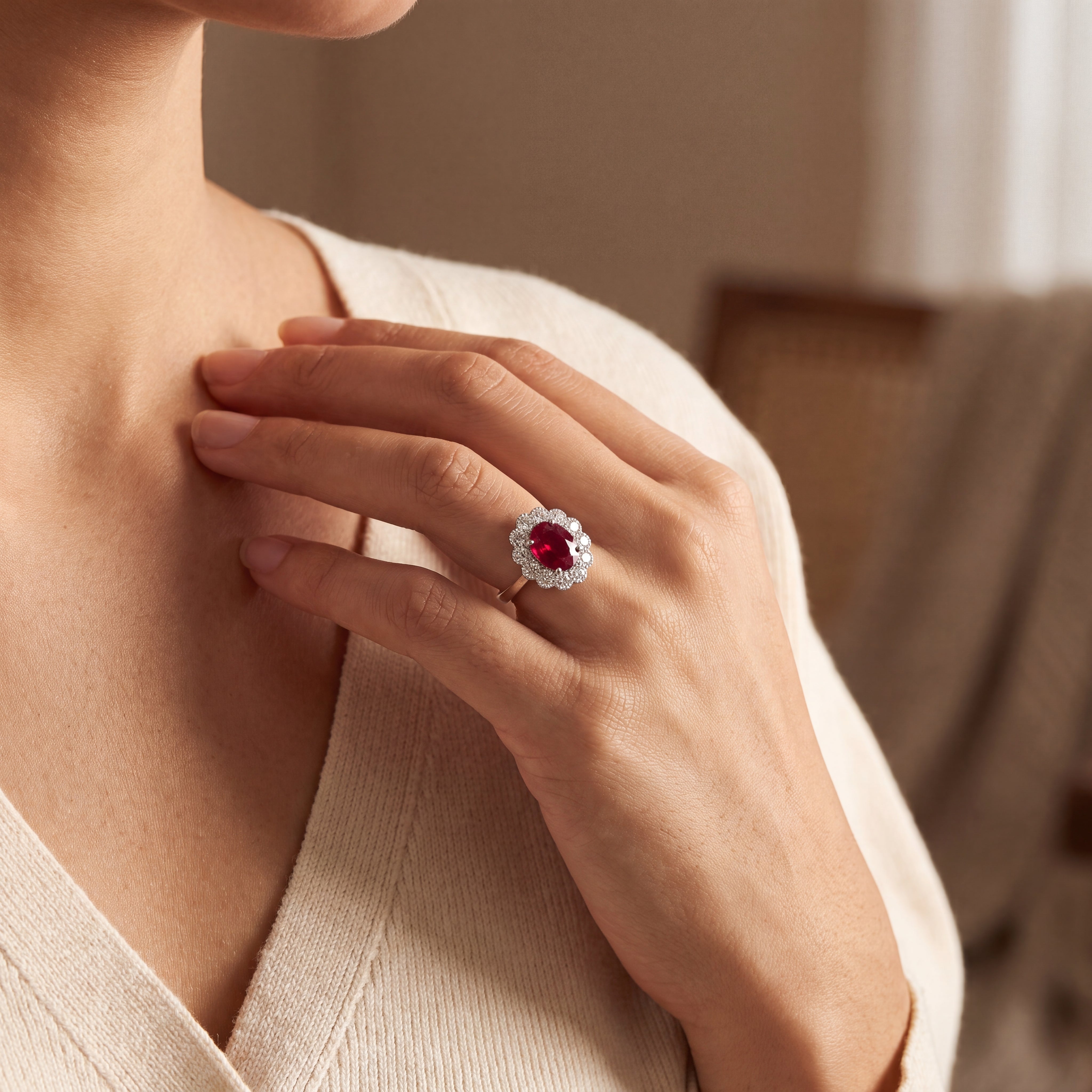 Oval Ruby & Natural Diamond Cluster Ring set In Platinum