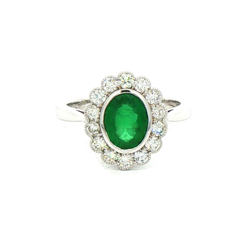 2.10ct Oval Emerald & 0.70ct Natural Diamond Rub Over Scalloped Halo Cocktail Ring in 18ct White Gol