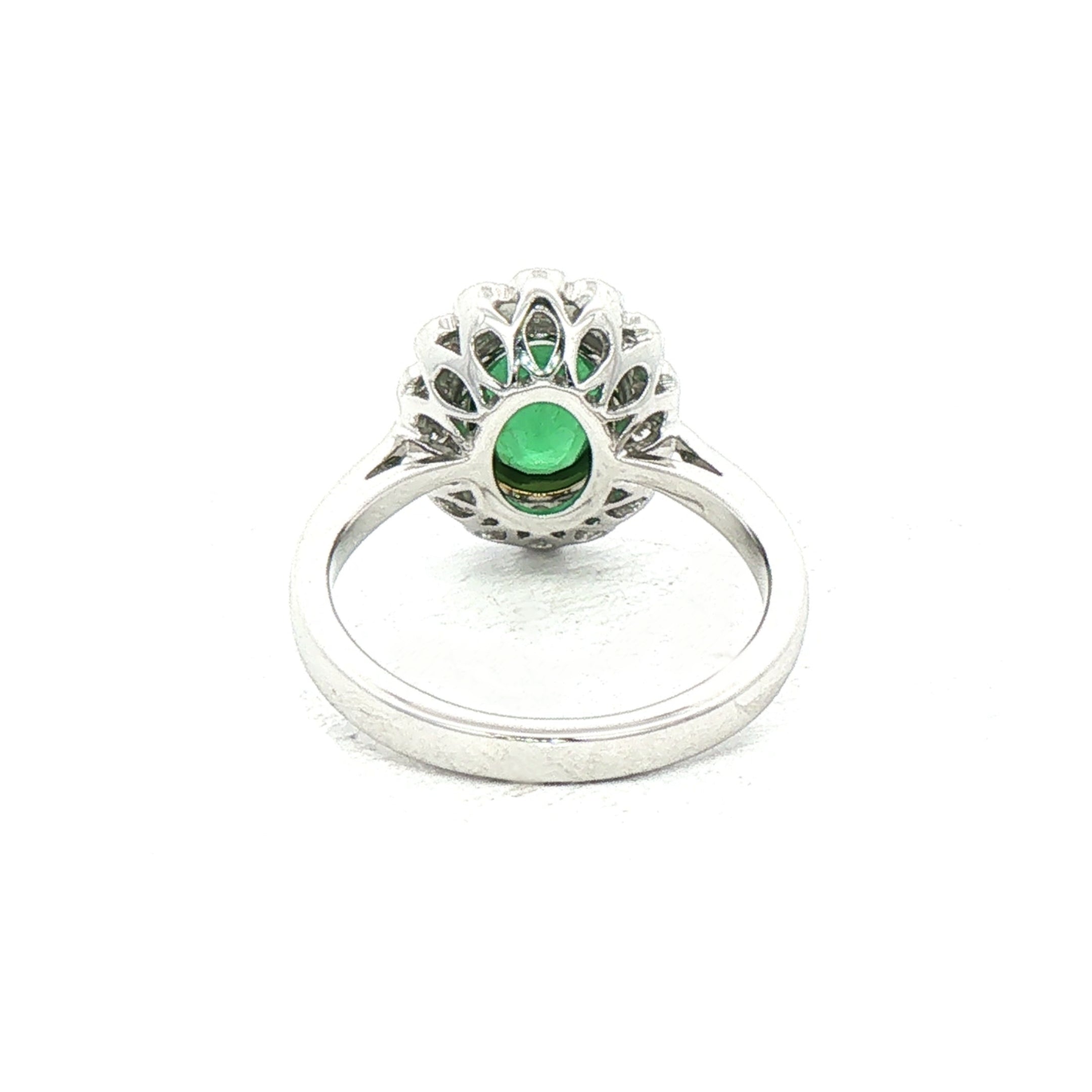 2.10ct Oval Emerald & 0.70ct Natural Diamond Rub Over Scalloped Halo Cocktail Ring in 18ct White Gol