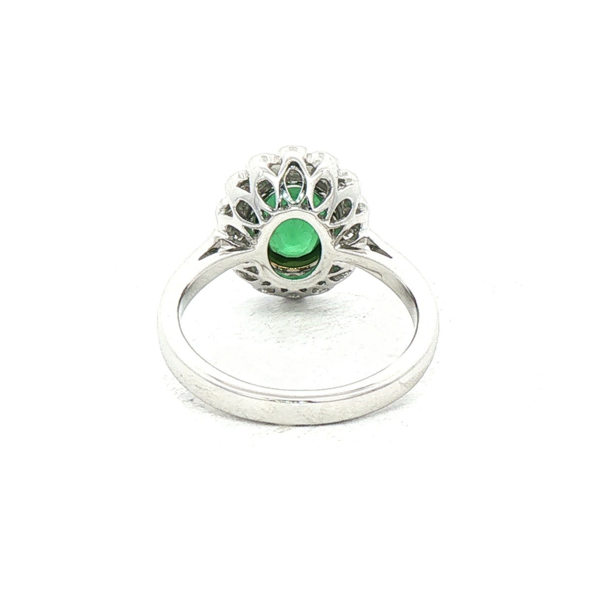 2.10ct Oval Emerald & 0.70ct Natural Diamond Rub Over Scalloped Halo Cocktail Ring in 18ct White Gol