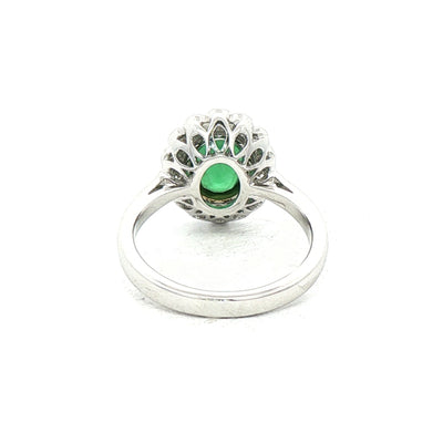 2.10ct Oval Emerald & 0.70ct Natural Diamond Rub Over Scalloped Halo Cocktail Ring in 18ct White Gol