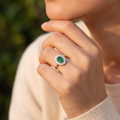 2.10ct Oval Emerald & 0.70ct Natural Diamond Rub Over Scalloped Halo Cocktail Ring in 18ct White Gol