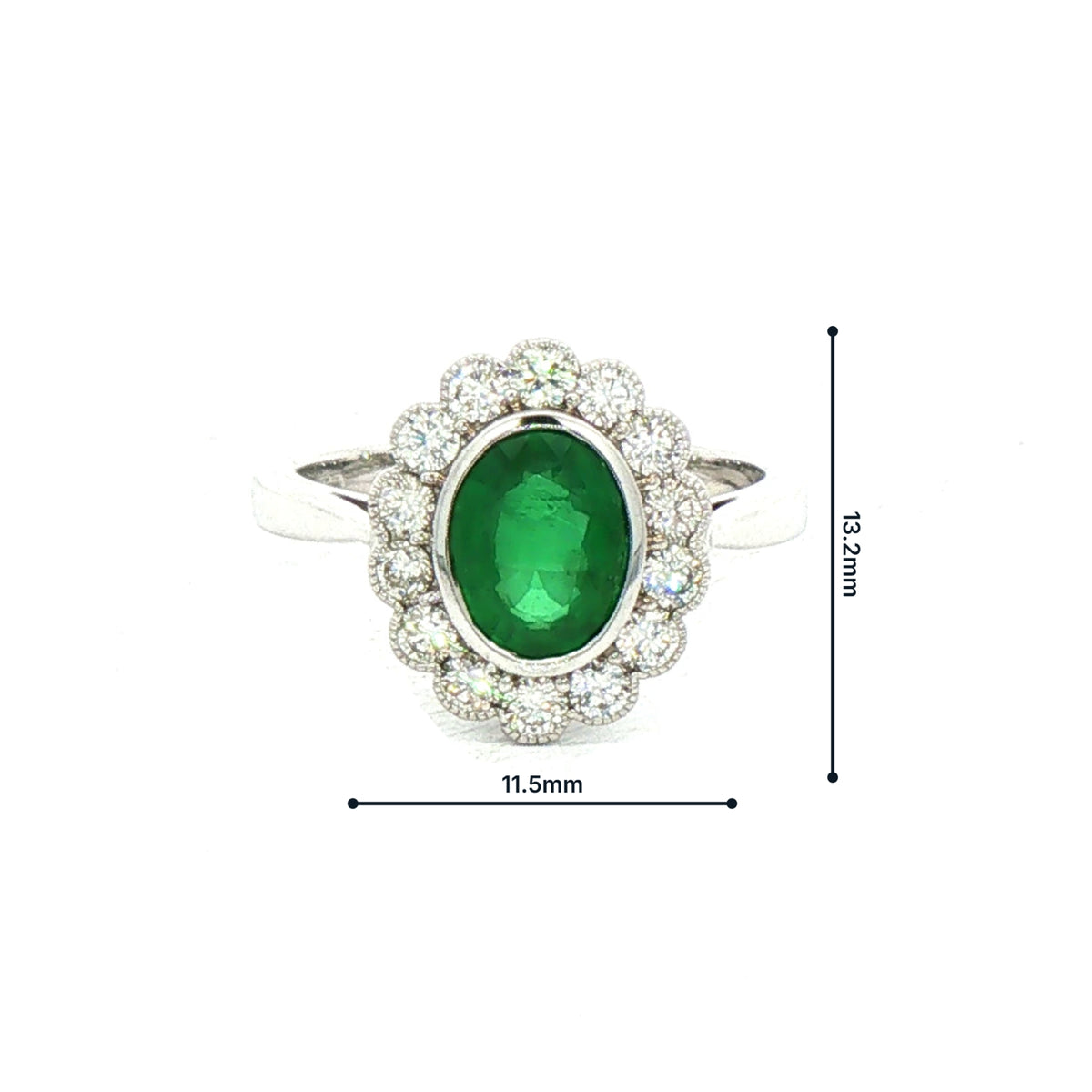 2.10ct Oval Emerald & 0.70ct Natural Diamond Rub Over Scalloped Halo Cocktail Ring in 18ct White Gol