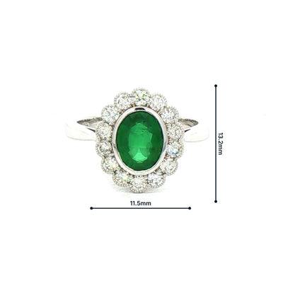 2.10ct Oval Emerald & 0.70ct Natural Diamond Rub Over Scalloped Halo Cocktail Ring in 18ct White Gol