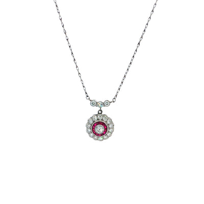 Platinum Ruby and Natural Diamond Red Cluster Pendant and Chain